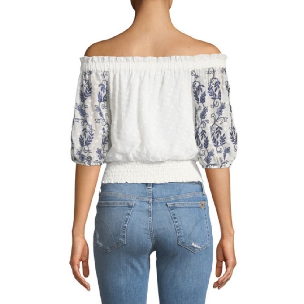 MISA Los Angeles White Ingrid Off-the-Shoulder Blue Floral Embroidered Crop Top - Picture 2 of 10